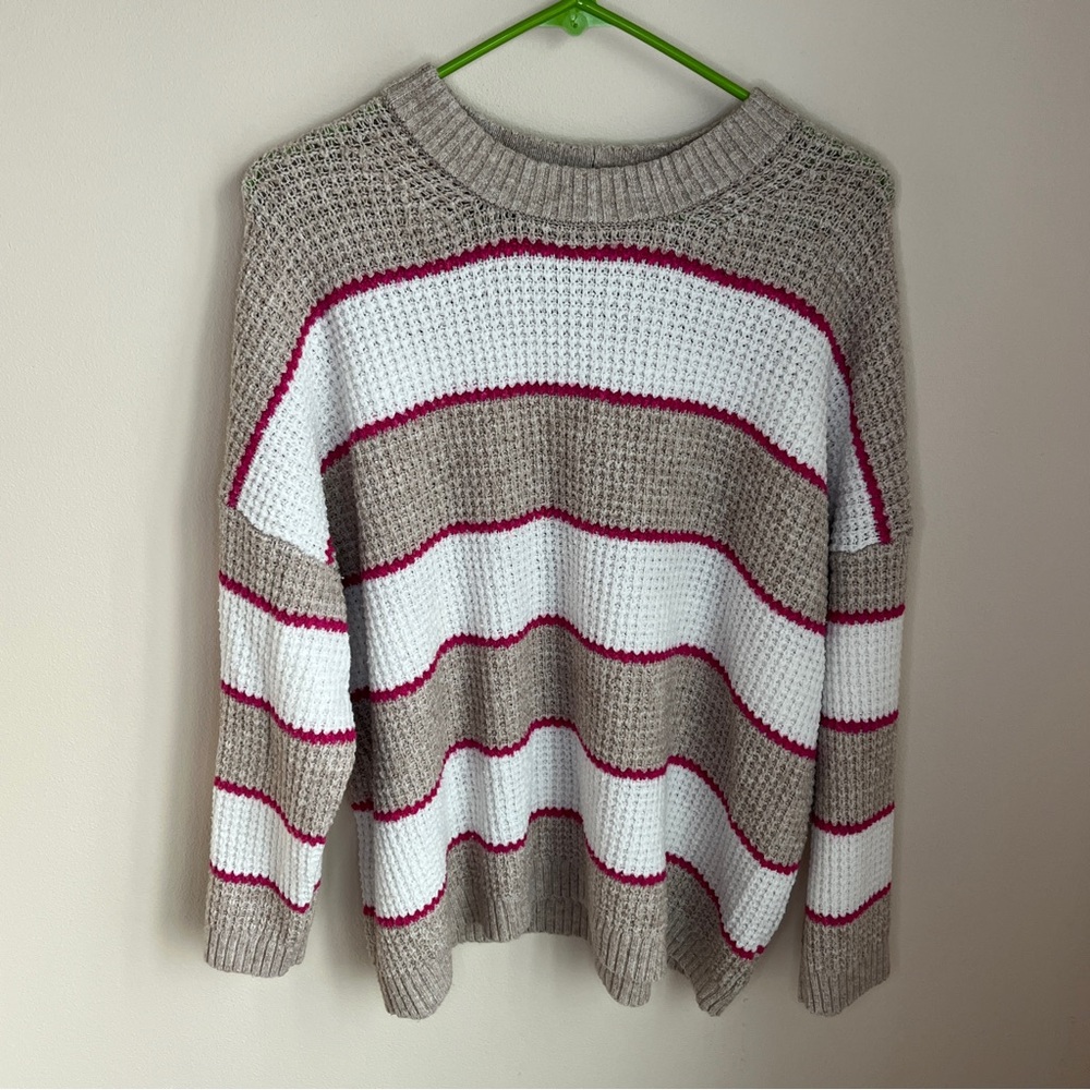 American Eagle oversized waffle-knit crewneck sweater tan white pink stripe LG